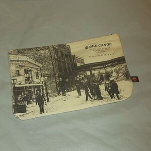 Red Canoe Tan Zippered Pouch With Vintage Distillery Prints - New Without Tags